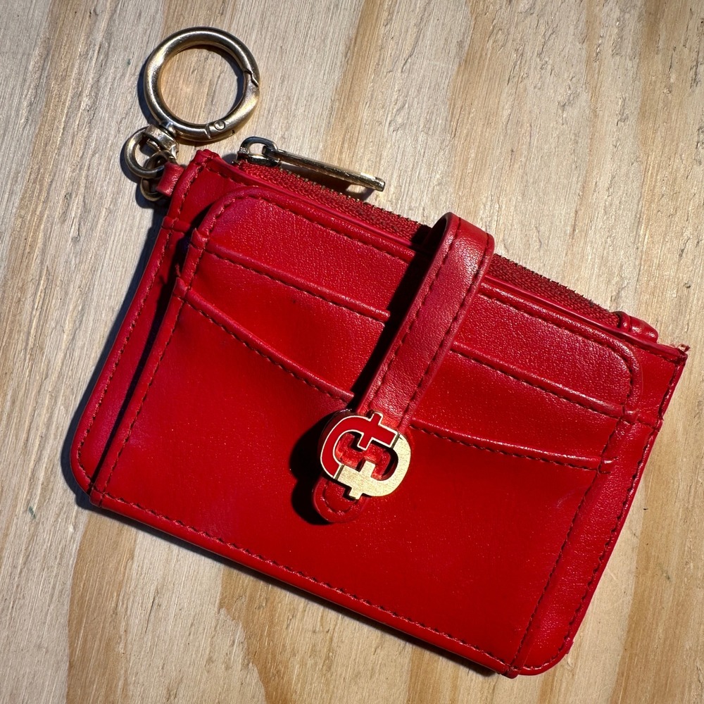 Guess Womens Red Faux Leather Card Holder Keychain Wallet Logo Emblem
